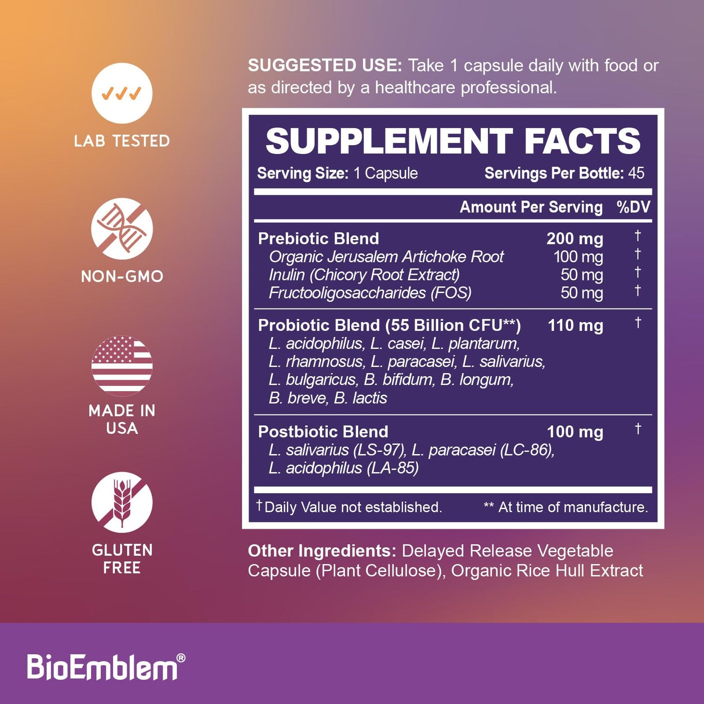 BioEmblem Probiotics 55B CFU – 11 Strains | Prebiotics & Postbiotics | Non-GMO 45 Capsules