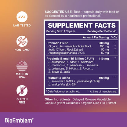 BioEmblem Probiotics 55B CFU – 11 Strains | Prebiotics & Postbiotics | Non-GMO 45 Capsules
