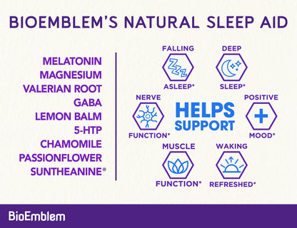 BioEmblem Natural Sleep Aid for Adults – Melatonin, Valerian Root, Suntheanine | 60 Capsules