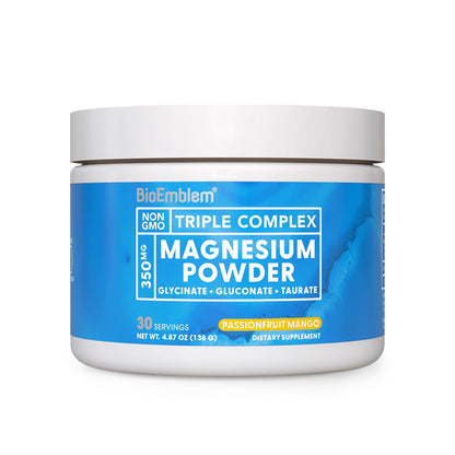 BioEmblem Triple Magnesium Powder Drink – 350mg High-Absorption Magnesium + GABA, Passionfruit Mango Flavor – Vegan, 30 Servings