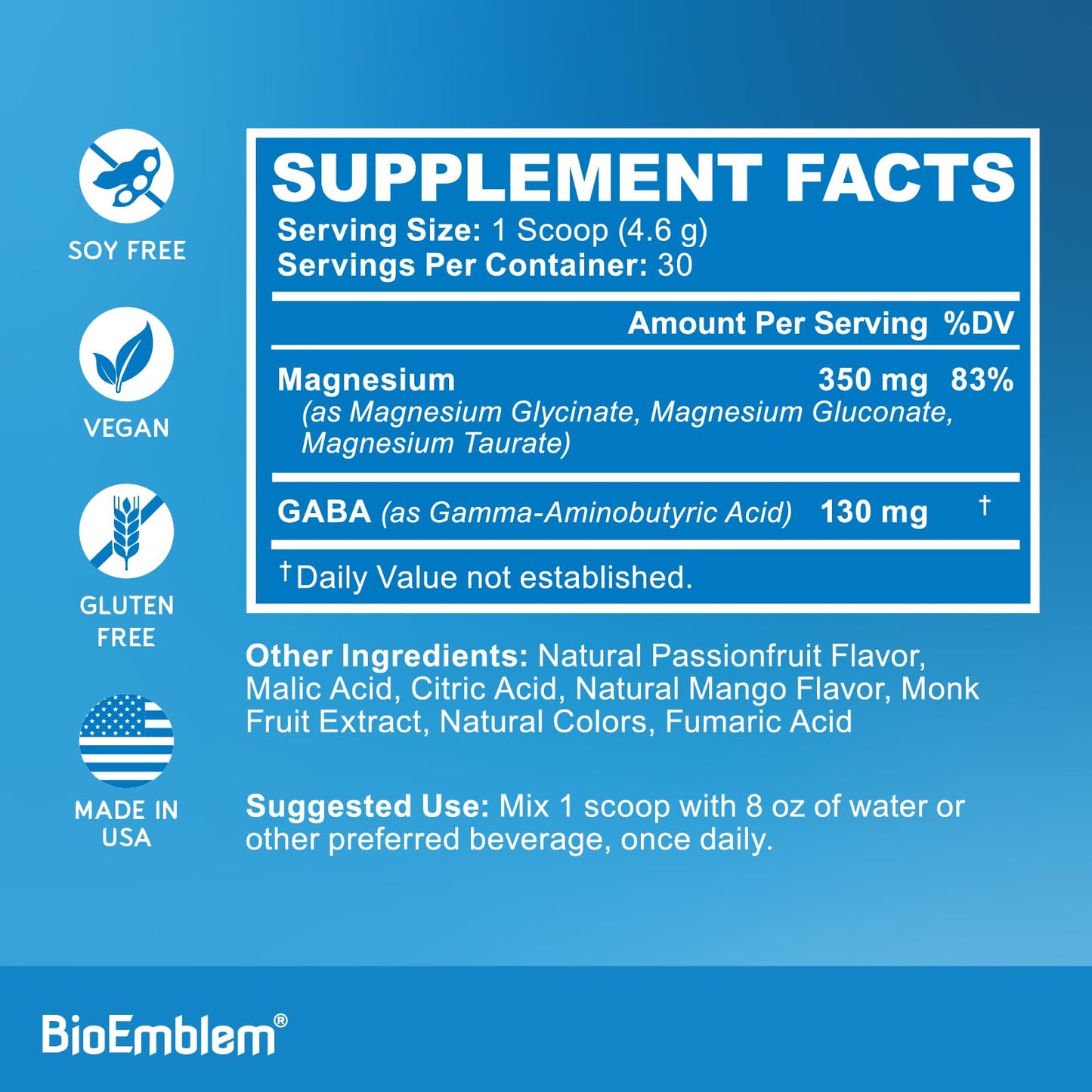 BioEmblem Triple Magnesium Powder Drink – 350mg High-Absorption Magnesium + GABA, Passionfruit Mango Flavor – Vegan, 30 Servings