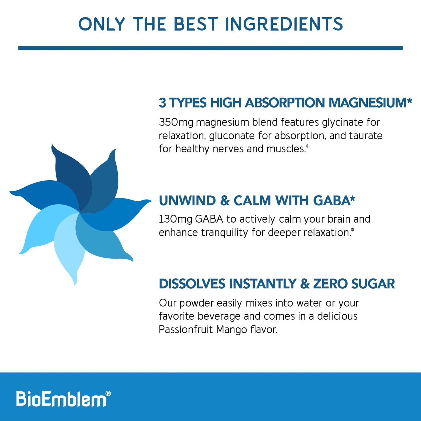 BioEmblem Triple Magnesium Powder Drink – 350mg High-Absorption Magnesium + GABA, Passionfruit Mango Flavor – Vegan, 30 Servings