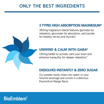 BioEmblem Triple Magnesium Powder Drink – 350mg High-Absorption Magnesium + GABA, Passionfruit Mango Flavor – Vegan, 30 Servings