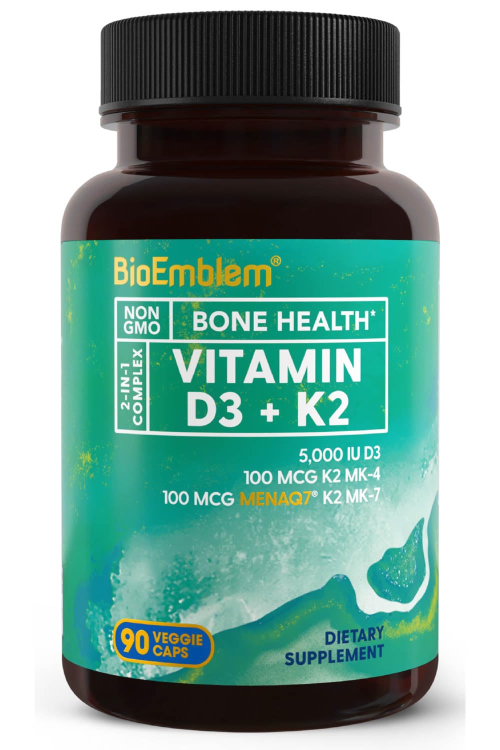 BioEmblem Vitamin D3 K2 Capsules (5000IU/200mcg) – 3-in-1 MK7 MK4, Vegetarian, Non-GMO, 90 Caps