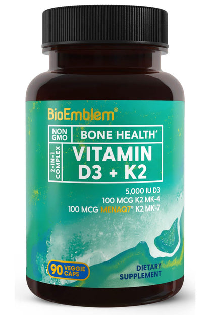 BioEmblem Vitamin D3 K2 Capsules (5000IU/200mcg) – 3-in-1 MK7 MK4, Vegetarian, Non-GMO, 90 Caps