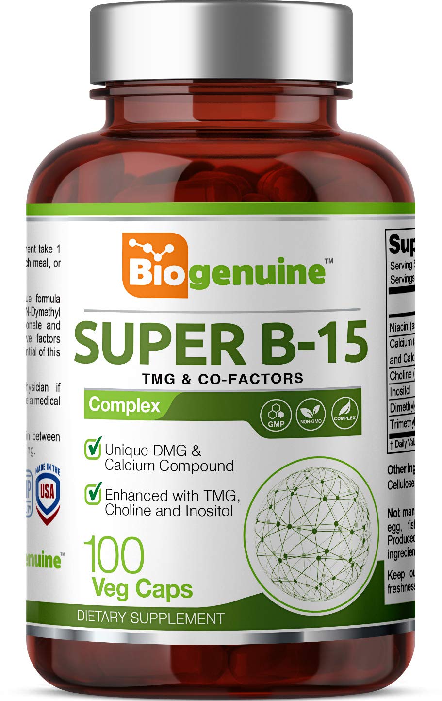 Biogenuine Super B-15 100 Vcaps – DMG, TMG, Calcium, Niacin for Energy