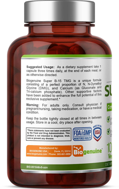 Biogenuine Super B-15 100 Vcaps – DMG, TMG, Calcium, Niacin for Energy