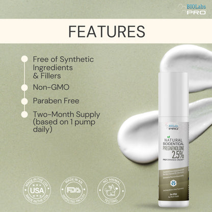 BIOLABS PRO Pregnenolone Cream 2.5% – All-Natural Bioidentical, 3oz Unscented, Two-Month Supply