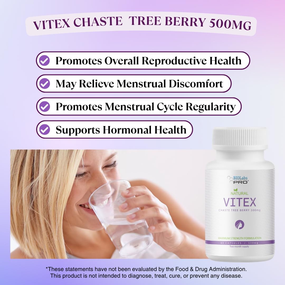 BIOLABS PRO Vitex Chasteberry 500mg - 60 Vegan Capsules for Hormonal Balance | Made in USA