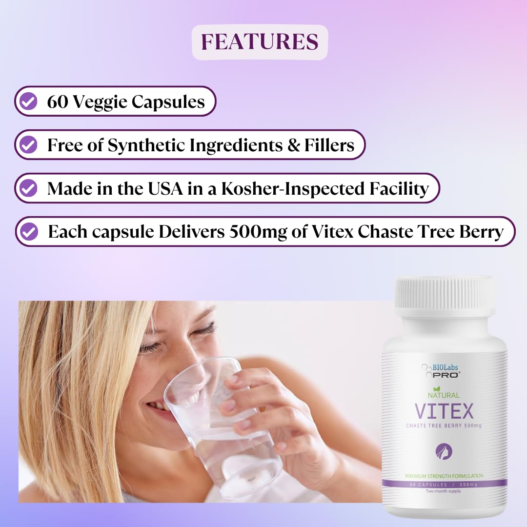 BIOLABS PRO Vitex Chasteberry 500mg - 60 Vegan Capsules for Hormonal Balance | Made in USA