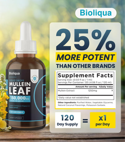 Bioliqua Mullein Drops for Lungs – 150,000mg/4oz, 120 Servings, Coconut Flavor