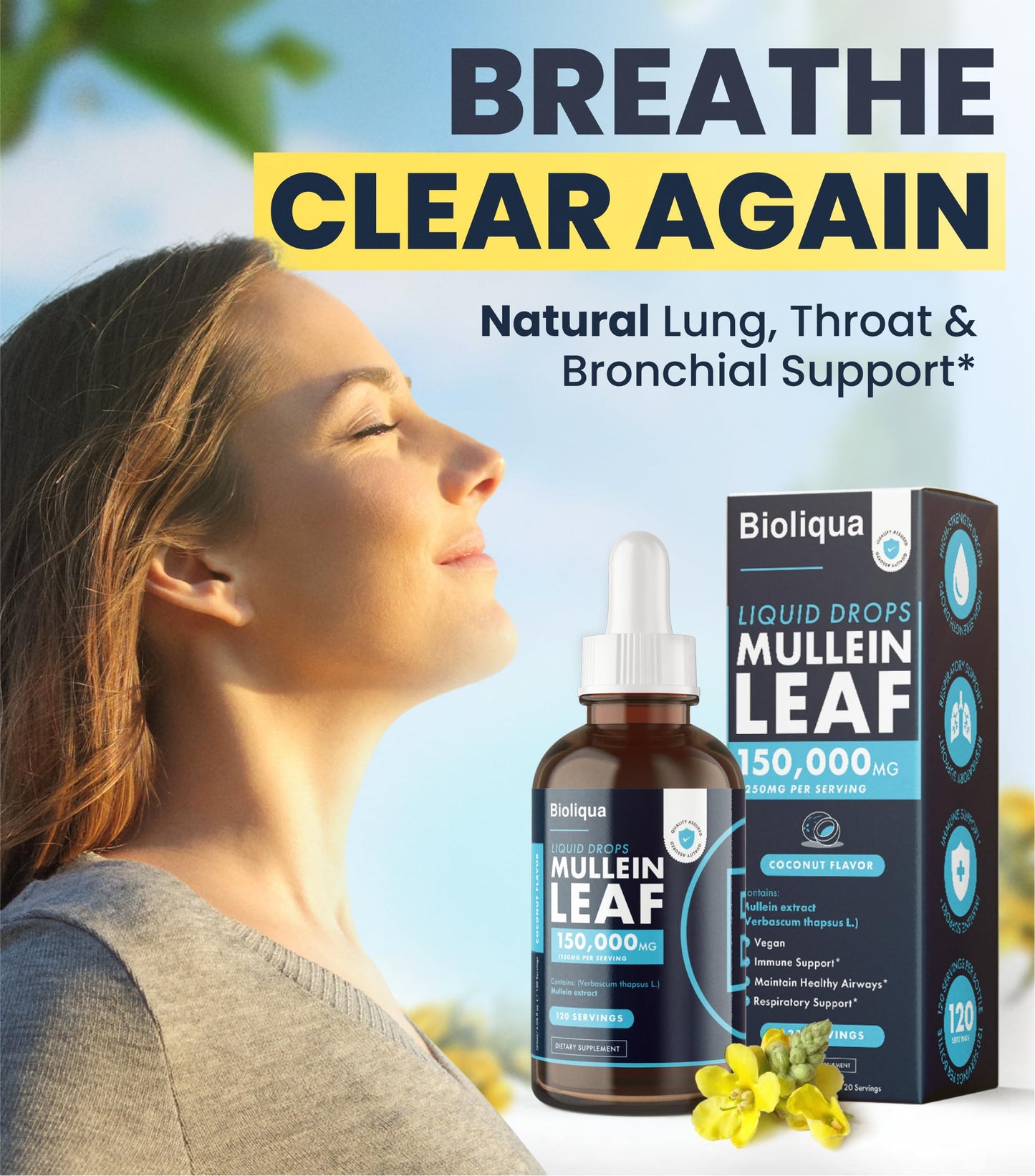 Bioliqua Mullein Drops for Lungs – 150,000mg/4oz, 120 Servings, Coconut Flavor