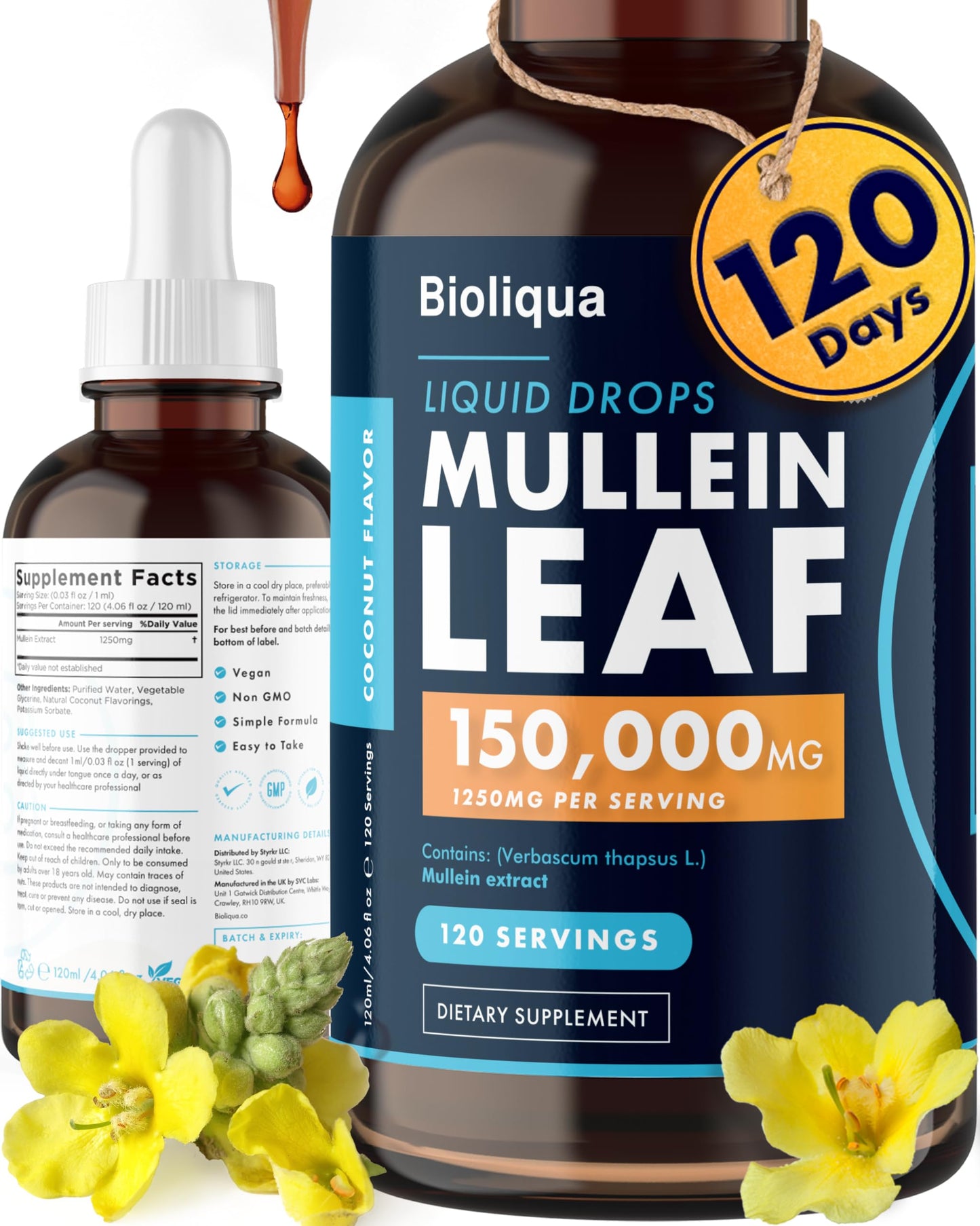 Bioliqua Mullein Drops for Lungs – 150,000mg/4oz, 120 Servings, Coconut Flavor