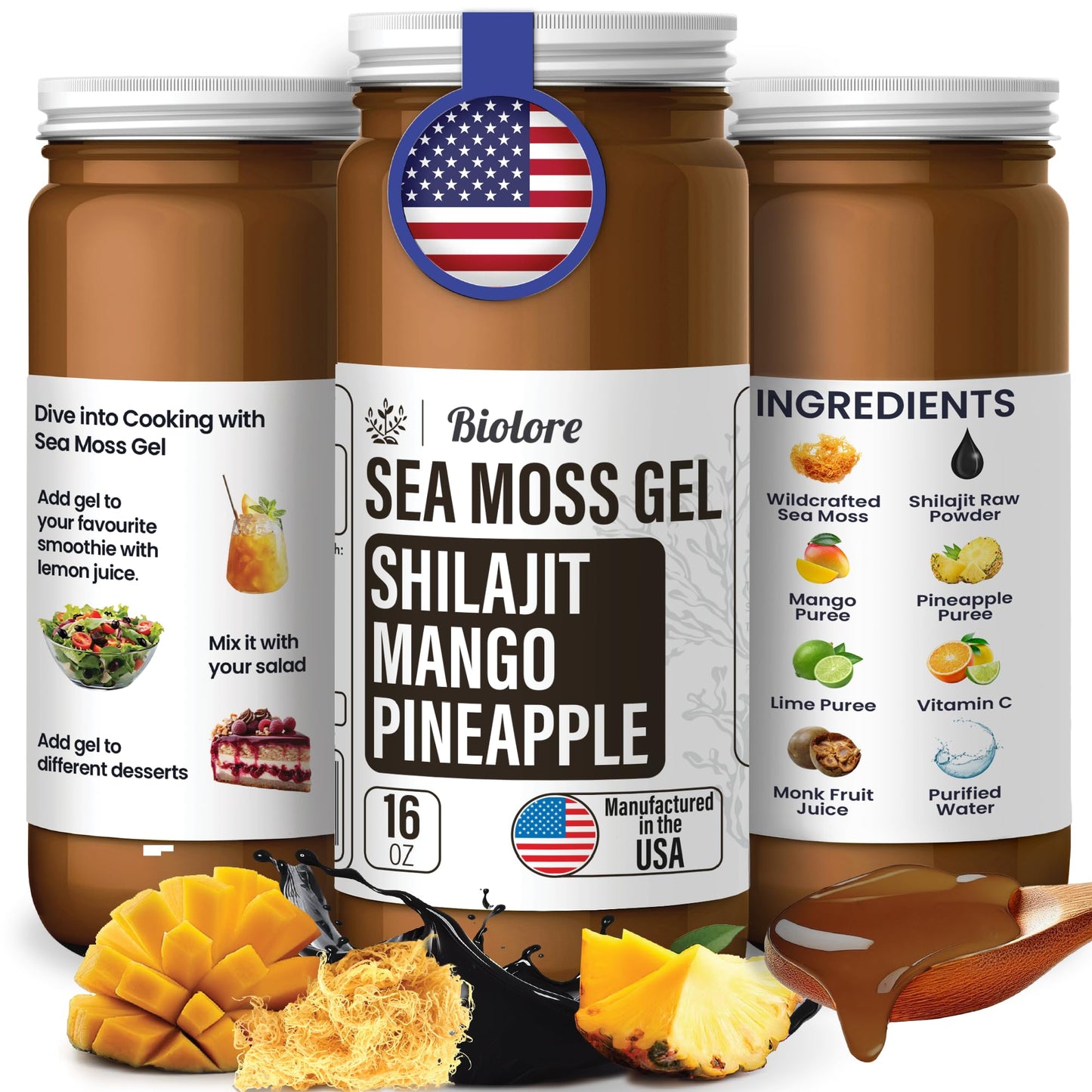Biolore Sea Moss Gel with Shilajit – Mango Pineapple, 16 oz (Vegan, Gluten-Free)