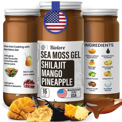 Biolore Sea Moss Gel with Shilajit – Mango Pineapple, 16 oz (Vegan, Gluten-Free)