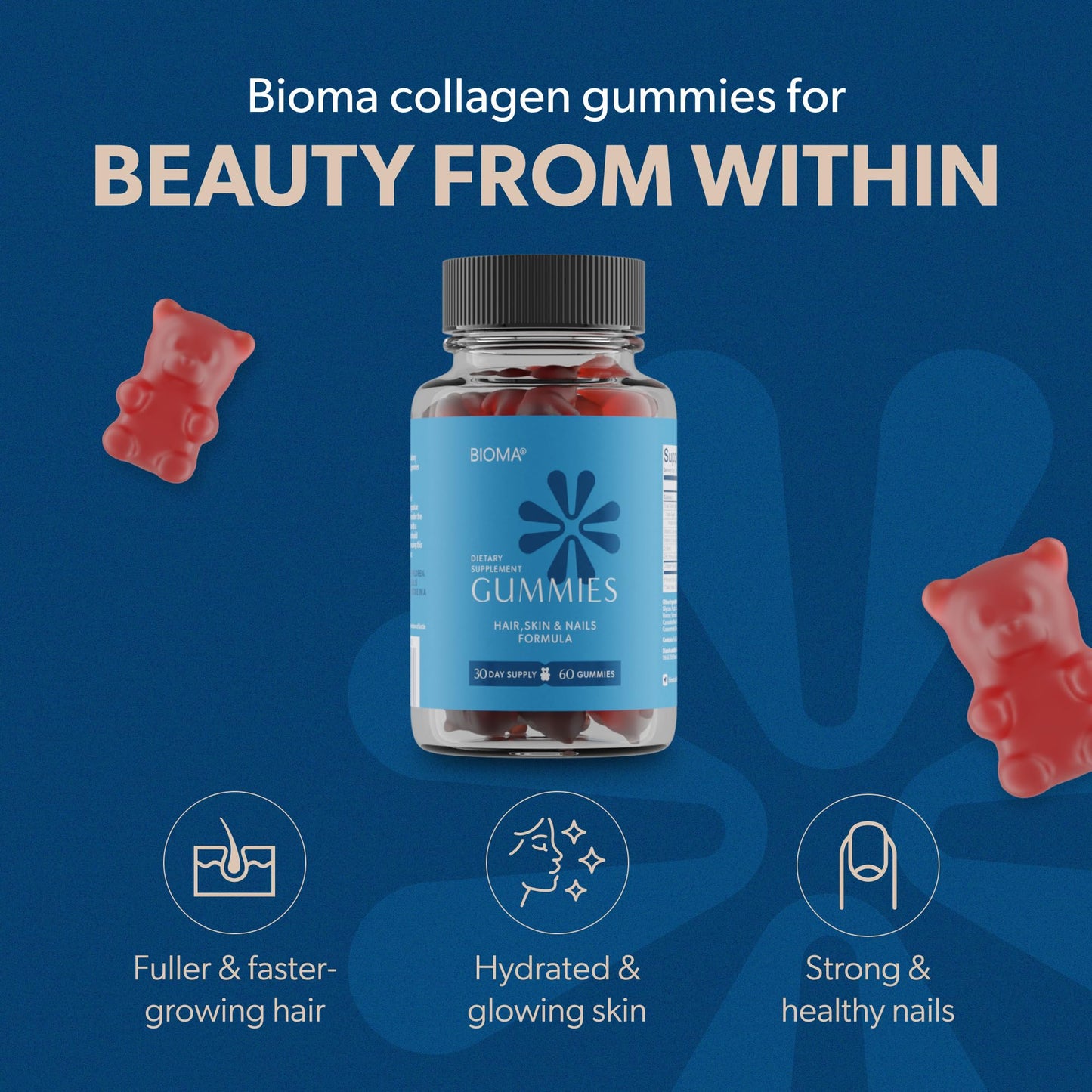 BIOMA Hair, Skin & Nails Gummies – Biotin, Collagen, Zinc, Vitamin C & D – Gluten-Free, 180 Gummies