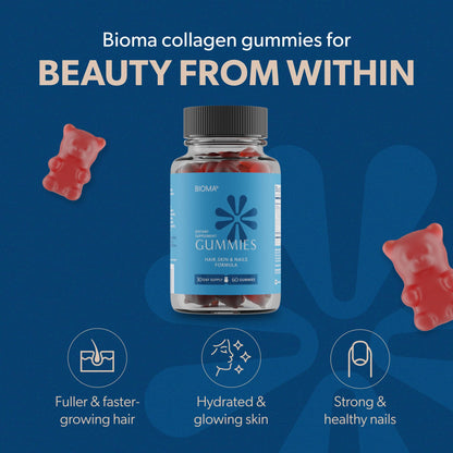 BIOMA Hair, Skin & Nails Gummies – Biotin, Collagen, Zinc, Vitamin C & D – Gluten-Free, 180 Gummies