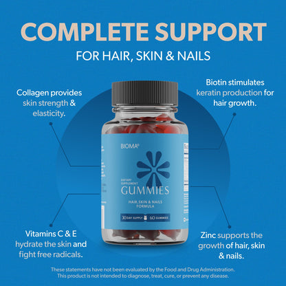 BIOMA Hair, Skin & Nails Beauty Gummies – Biotin, Collagen, Zinc & Vitamins C & E | Gluten-Free | 60 Gummies (30-Day Supply)