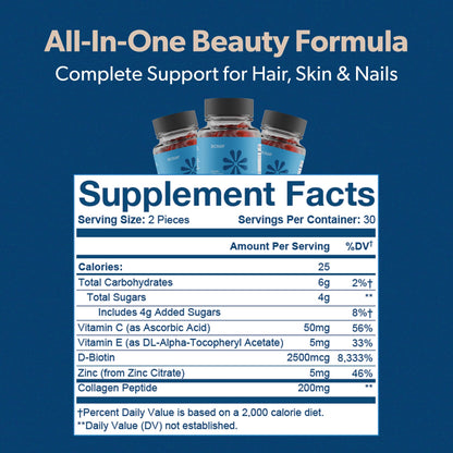 BIOMA Hair, Skin & Nails Beauty Gummies – Biotin, Collagen, Zinc & Vitamins C & E | Gluten-Free | 60 Gummies (30-Day Supply)