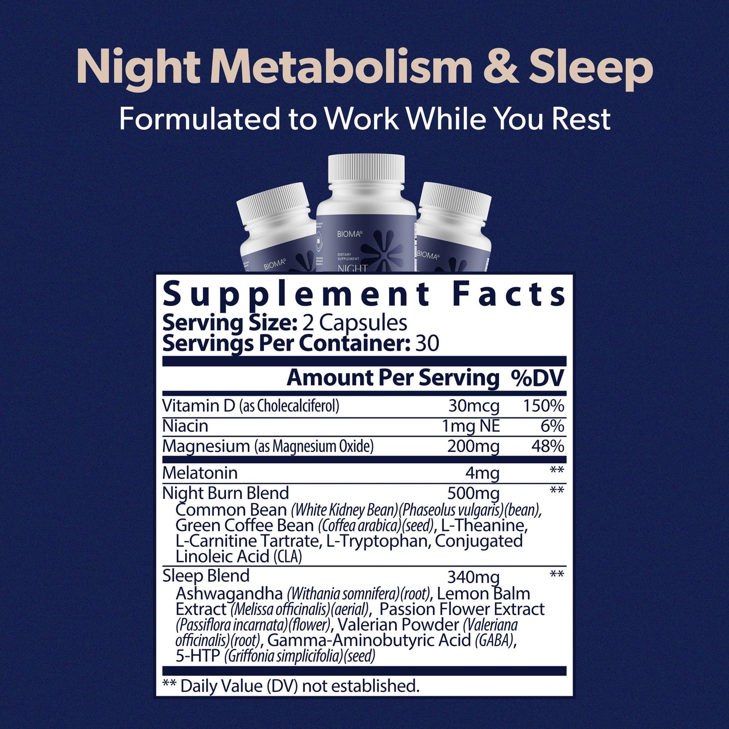 BIOMA Night Metabolism & Sleep – Supports Metabolism, Sleep & Digestive Health | 60 Capsules