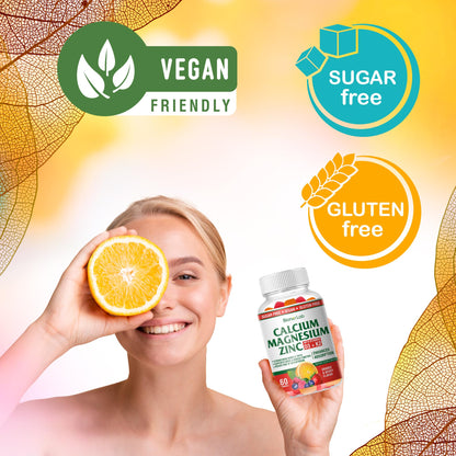 BionerLab Calcium Magnesium Zinc Gummies + Vitamin D3 & K2 — High Potency, Orange & Berry Flavor