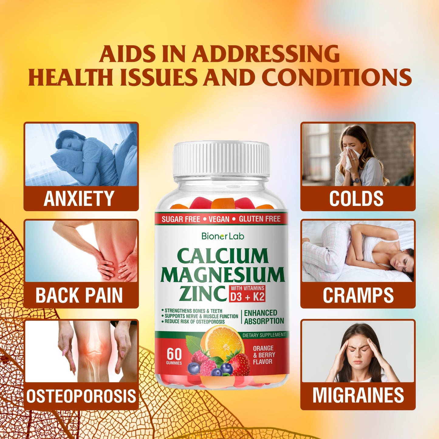 BionerLab Calcium Magnesium Zinc Gummies + Vitamin D3 & K2 — High Potency, Orange & Berry Flavor
