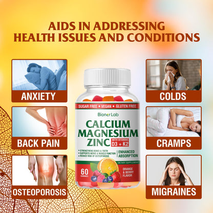 BionerLab Calcium Magnesium Zinc Gummies + Vitamin D3 & K2 — High Potency, Orange & Berry Flavor