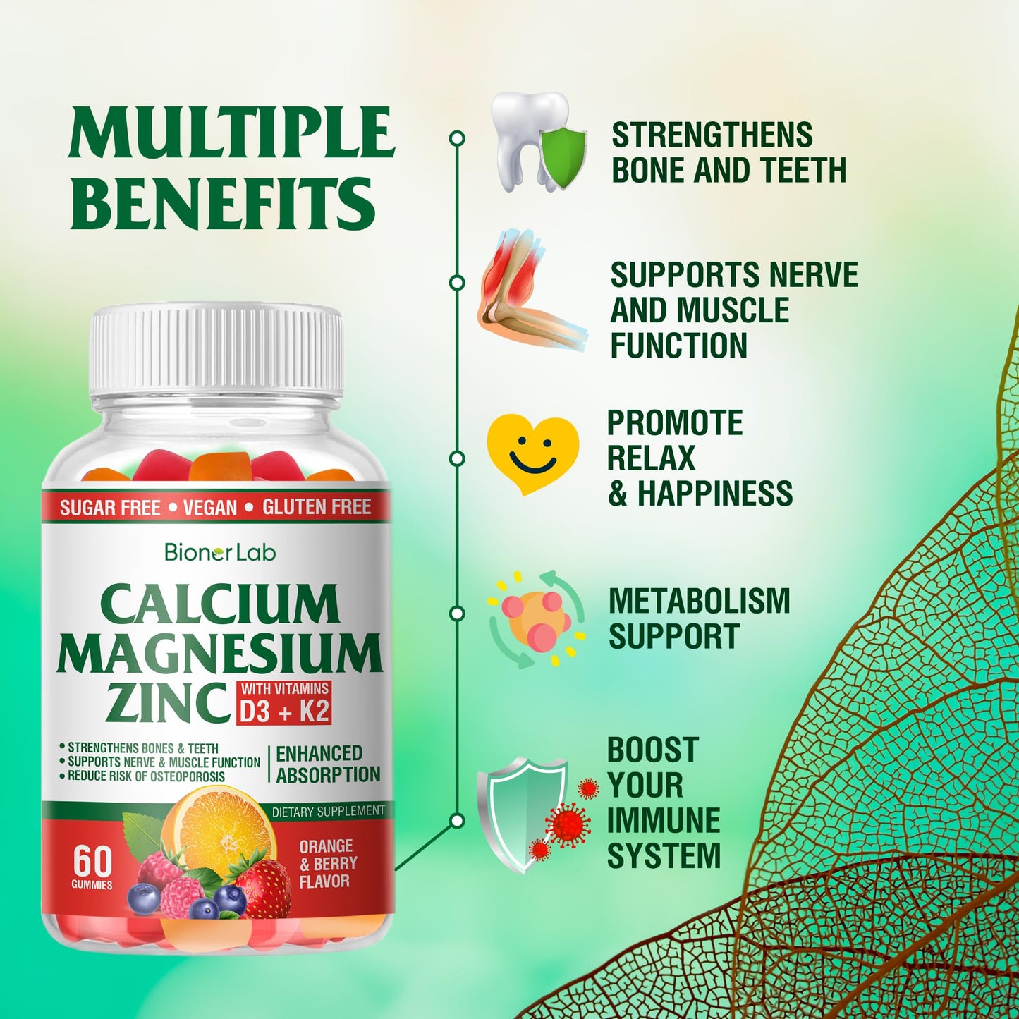 BionerLab Calcium Magnesium Zinc Gummies + Vitamin D3 & K2 — High Potency, Orange & Berry Flavor
