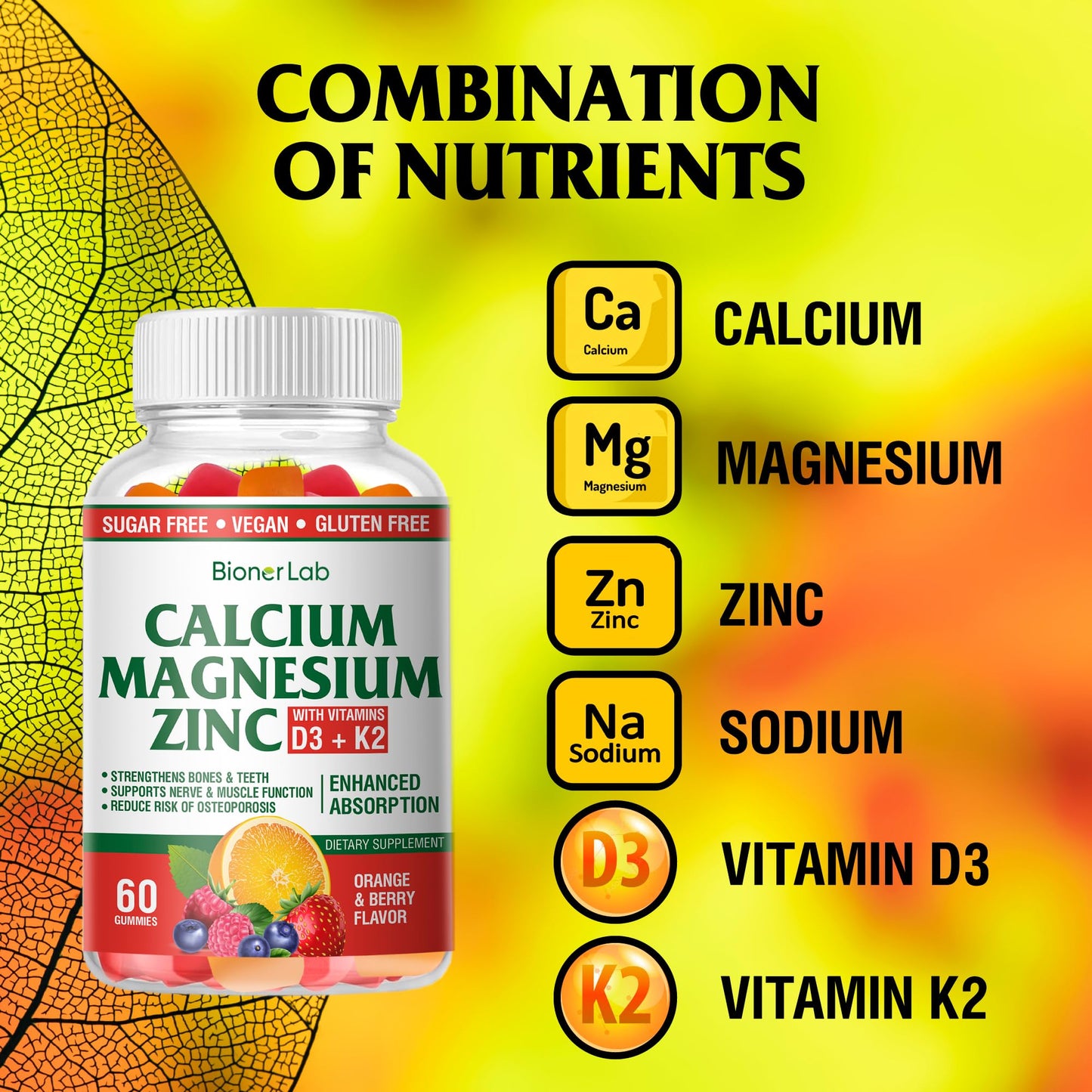 BionerLab Calcium Magnesium Zinc Gummies – Vitamin D3 & K2, High Potency