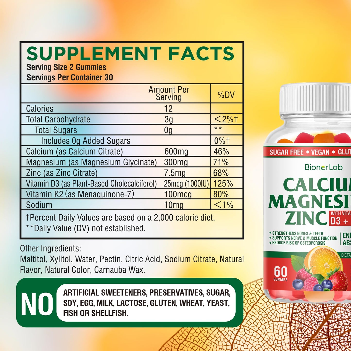 BionerLab Calcium Magnesium Zinc Gummies – Vitamin D3 & K2, High Potency