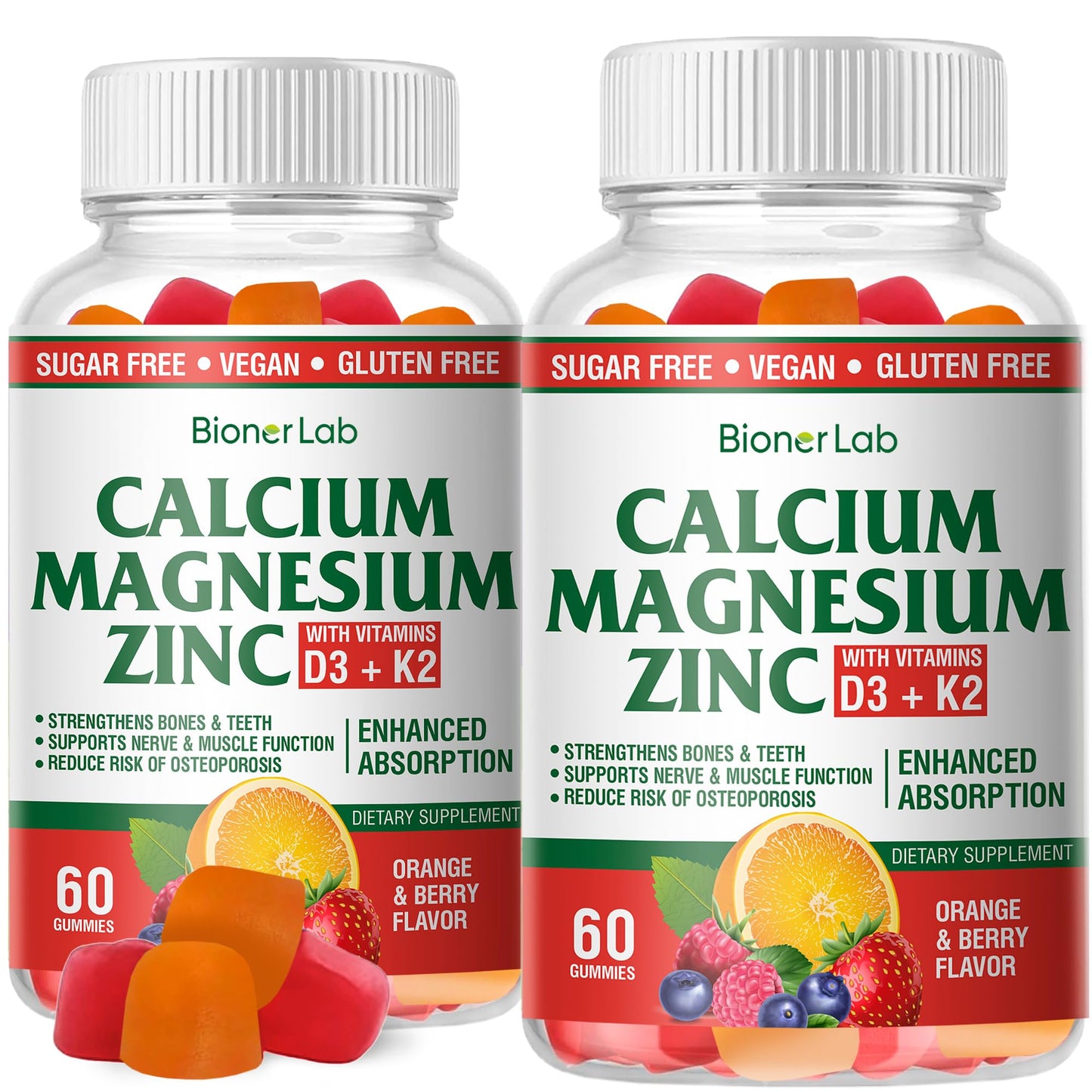BionerLab Calcium Magnesium Zinc Gummies + Vitamin D3 & K2 — High Potency, Orange & Berry Flavor