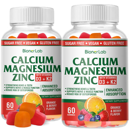 BionerLab Calcium Magnesium Zinc Gummies + Vitamin D3 & K2 — High Potency, Orange & Berry Flavor