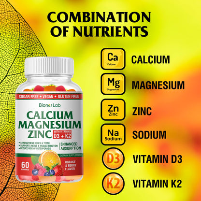 BionerLab Calcium Magnesium Zinc Gummies + Vitamin D3 & K2 — High Potency, Orange & Berry Flavor