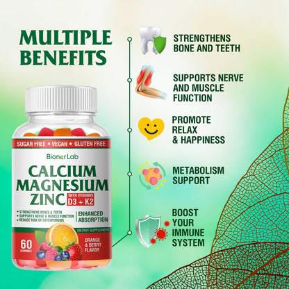 BionerLab Calcium Magnesium Zinc Gummies – Vitamin D3 & K2, High Potency