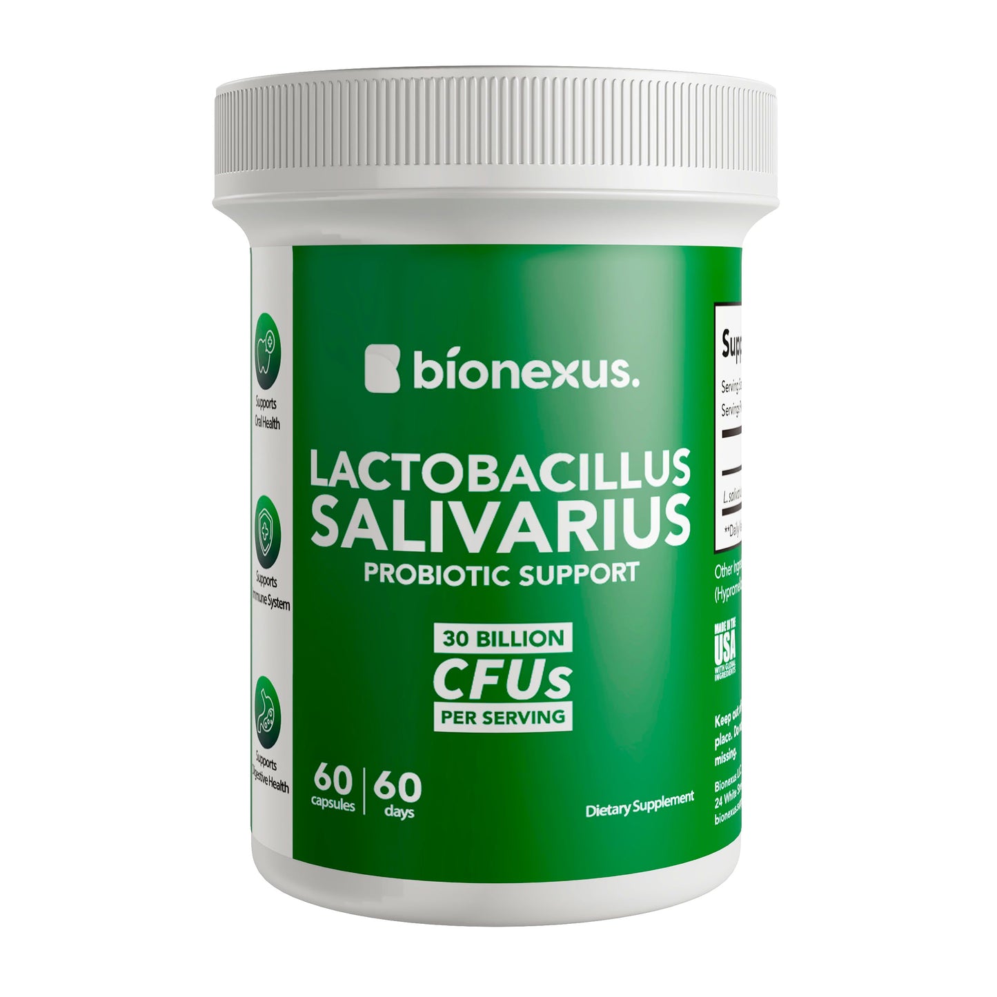 Bionexus™ Lactobacillus Salivarius Probiotic – 60-Count, 30B CFU | Made in USA | Delayed-Release DRcaps