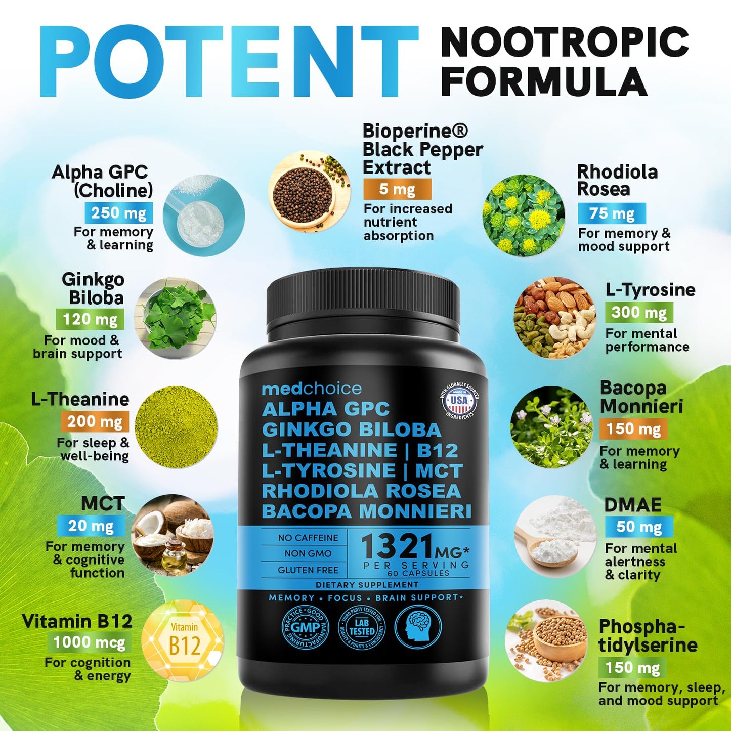 12-in-1 Nootropic Ginkgo Biloba for Brain Support - 60ct, Non-Caffeinated 1321mg