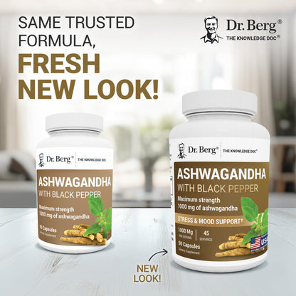 Dr. Berg Ashwagandha Capsules 1000mg | Bioperine Black Pepper | 90 Capsules