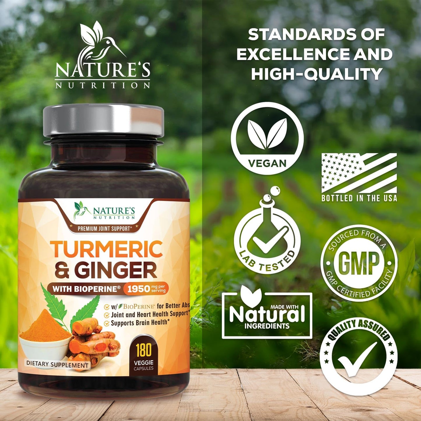 Turmeric Curcumin 1950mg with BioPerine – 95% Curcuminoids, Organic Turmeric & Ginger, 180 Capsules