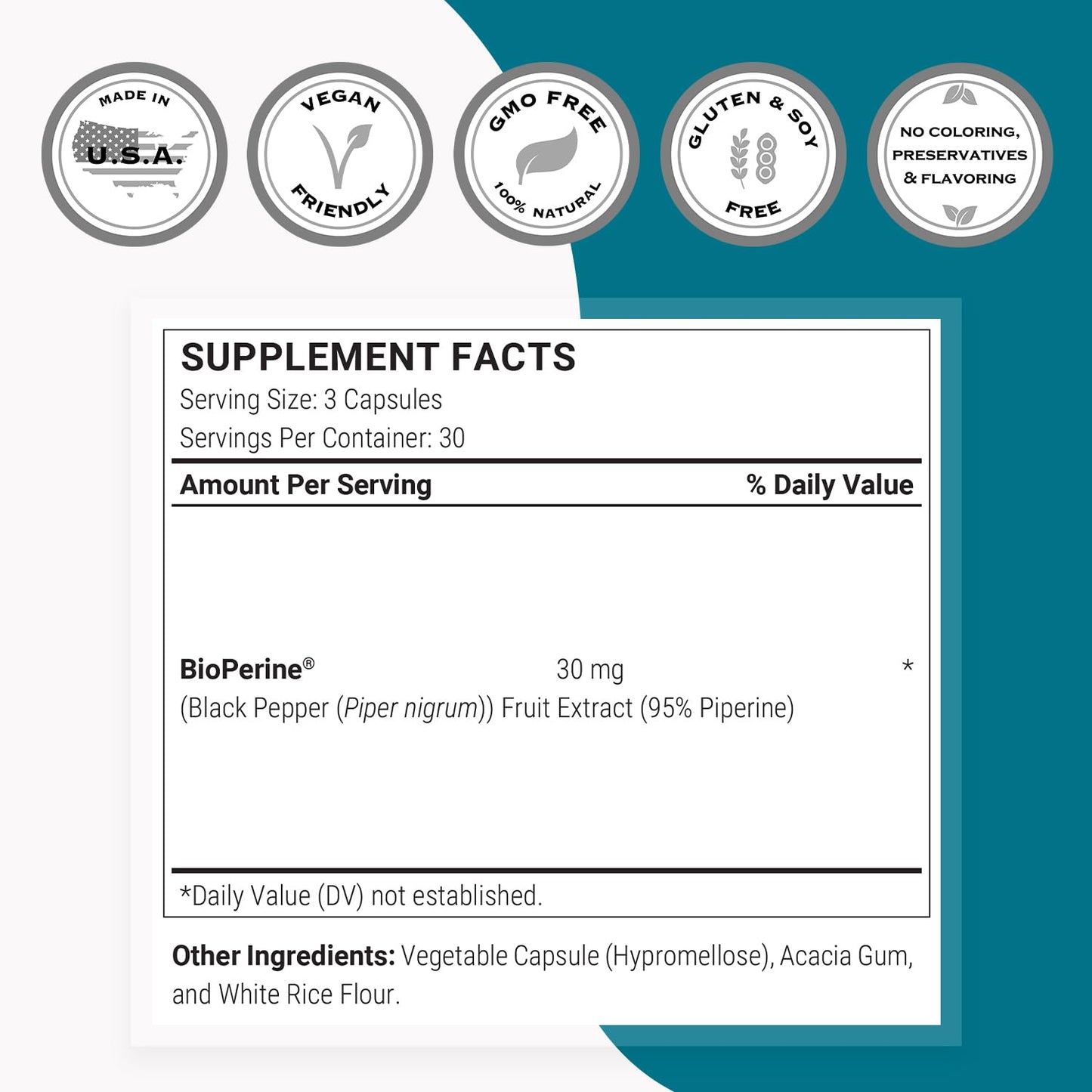 SuperSmart Bioperine 30mg Daily – 95% Piperine Black Pepper Extract | Non-GMO, Gluten-Free, 90 Veg Caps