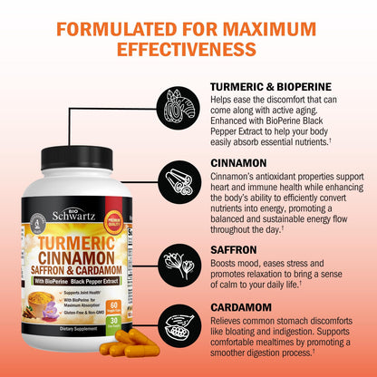 Turmeric Curcumin with Saffron, Cinnamon & Cardamom + BioPerine – Joint Support, 60 Capsules