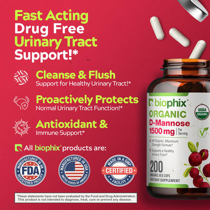 Biophix D-Mannose 1500 mg – 200 Veggie Caps | USDA Organic, Non-GMO, Vegan-Friendly