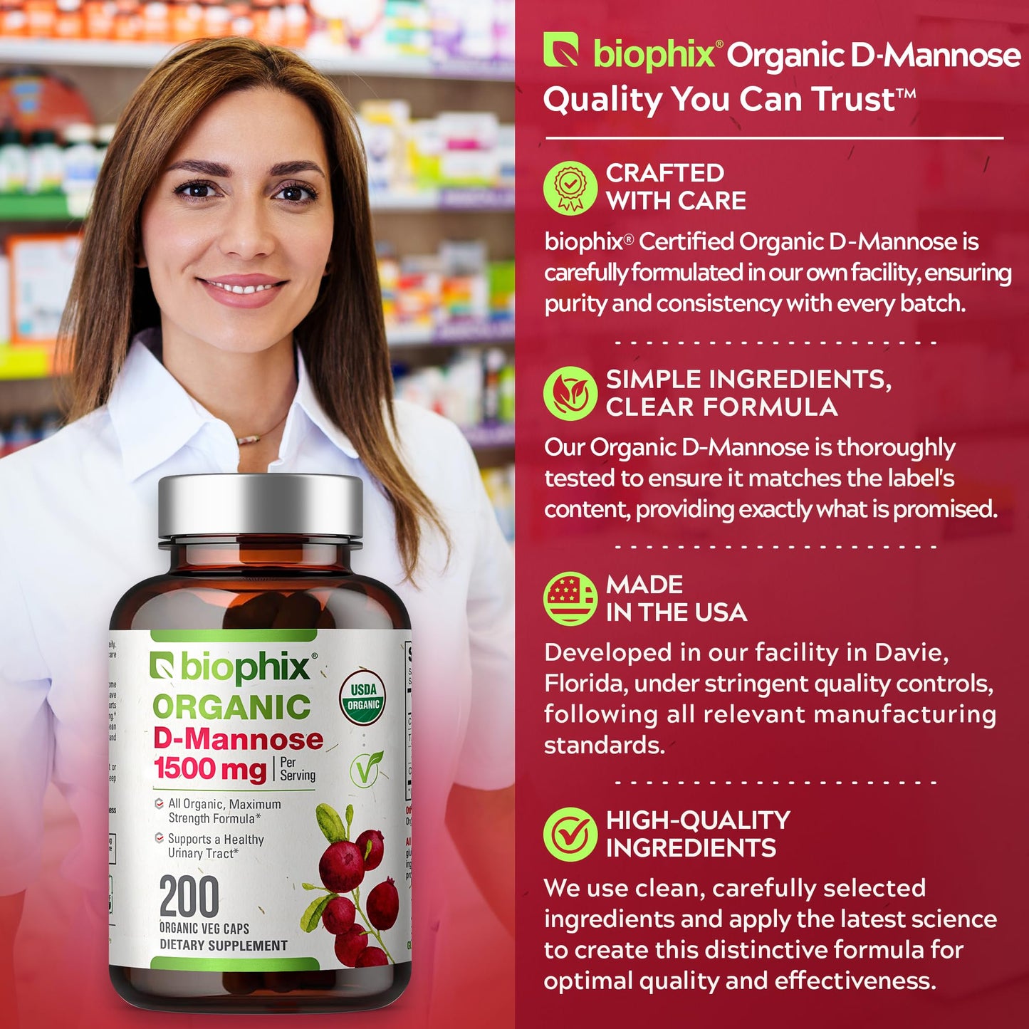 Biophix D-Mannose 1500 mg – 200 Veggie Caps | USDA Organic, Non-GMO, Vegan-Friendly