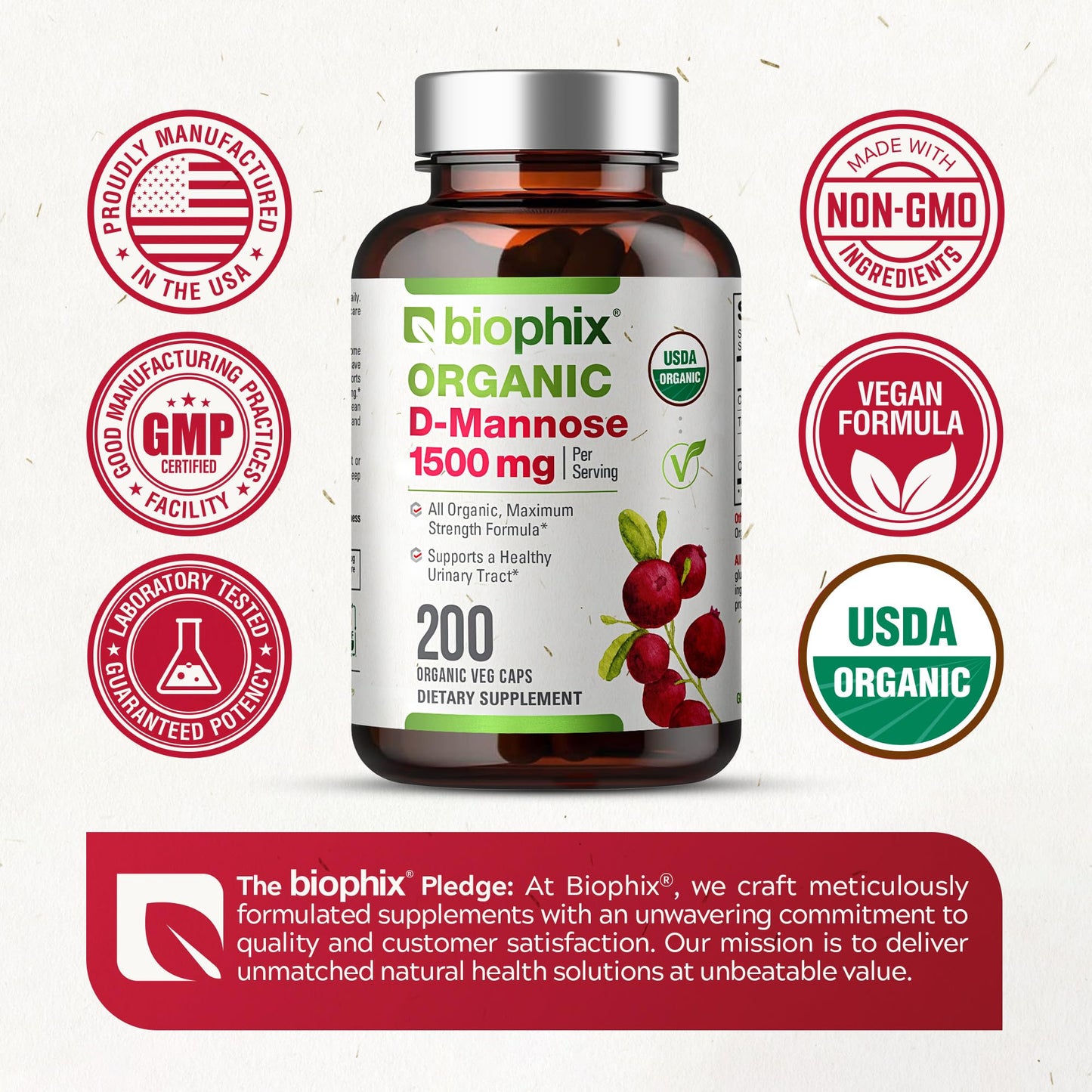 Biophix D-Mannose 1500 mg – 200 Veggie Caps | USDA Organic, Non-GMO, Vegan-Friendly