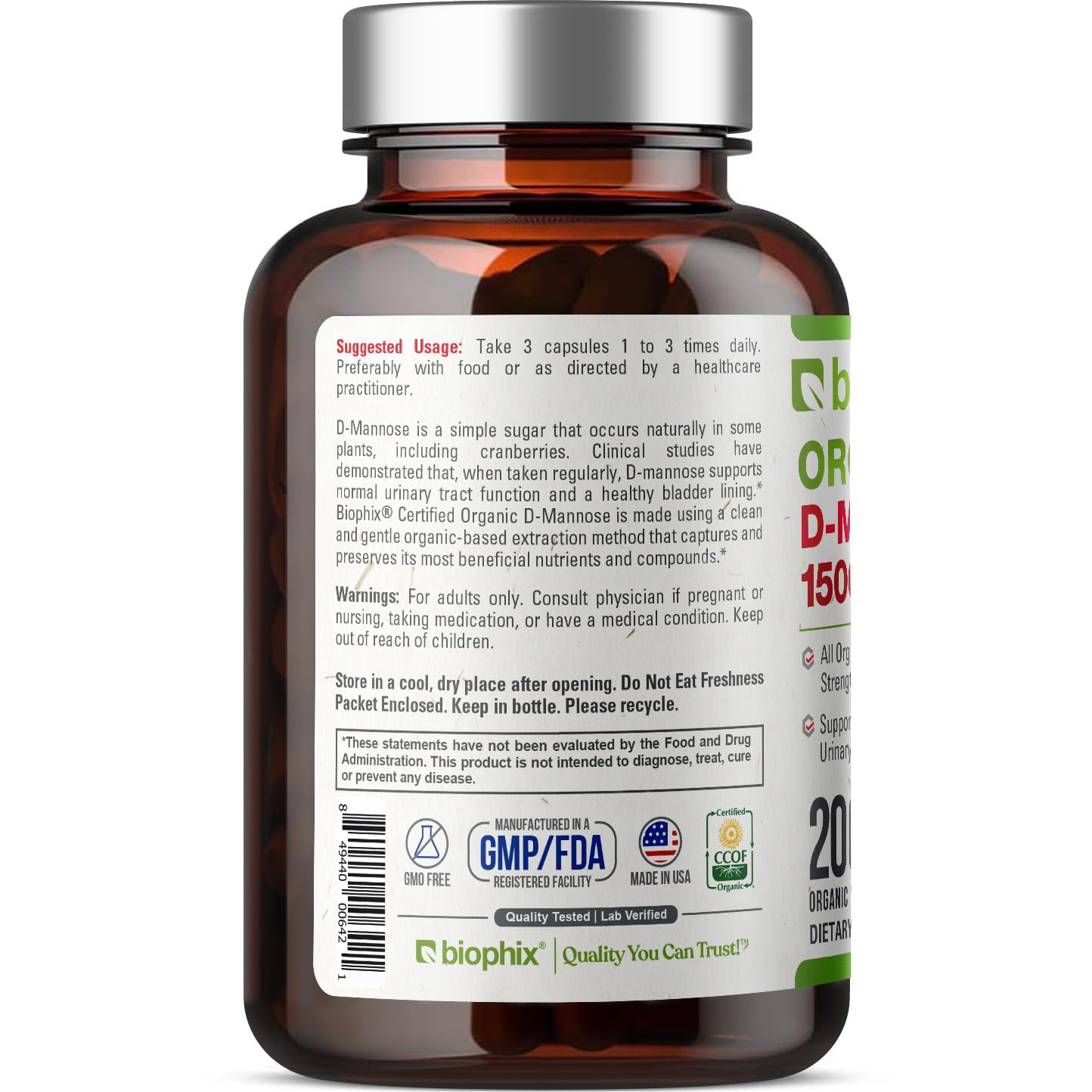 Biophix D-Mannose 1500 mg – 200 Veggie Caps | USDA Organic, Non-GMO, Vegan-Friendly