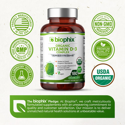 Biophix Organic Vitamin D-3 Complex 10000 IU – 180 Vcaps with Turmeric | High-Potency for Strong Bones & Immune Health