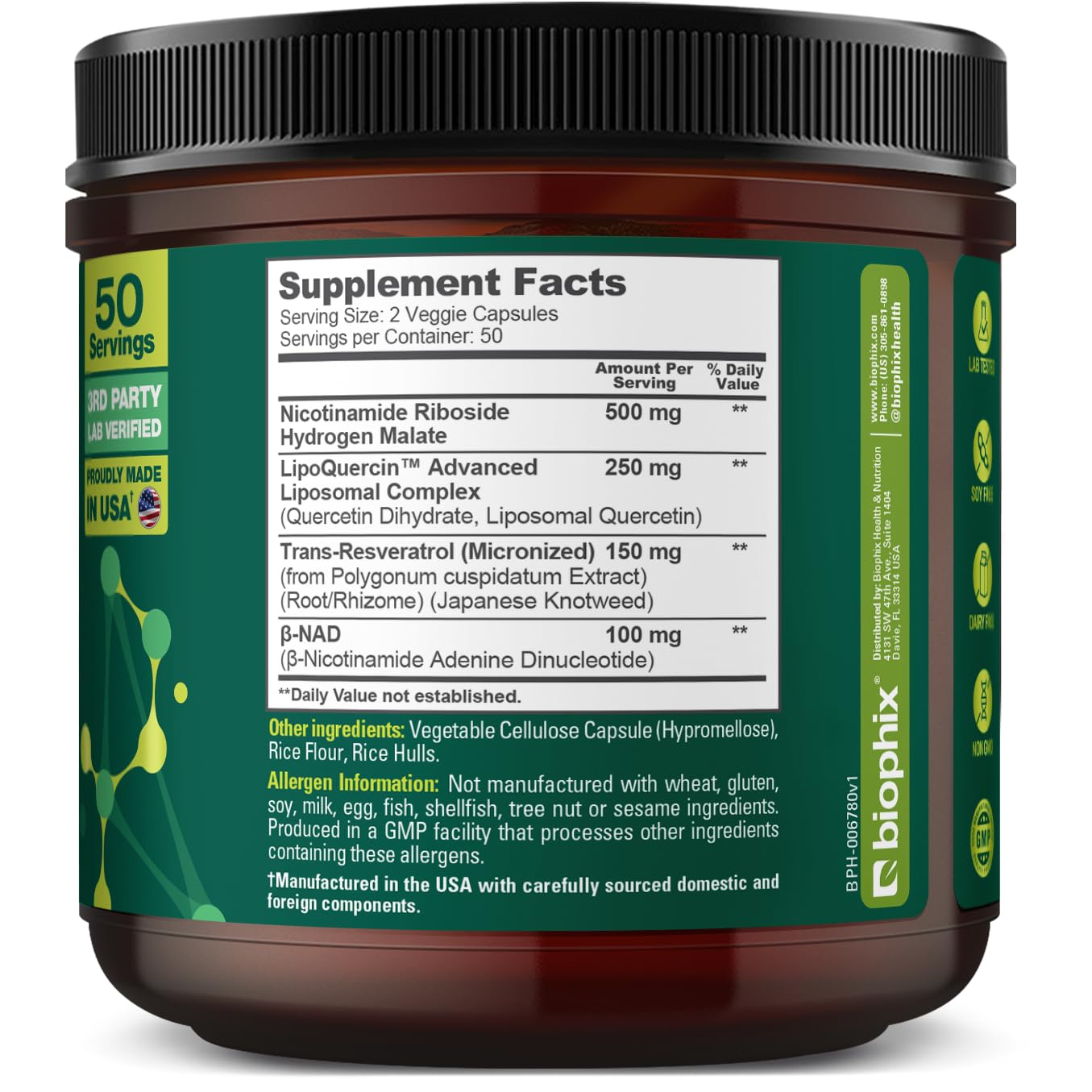 Biophix NAD+ Liposomal Supplement – 1000 mg/Serving | NR, Resveratrol & Quercetin | 100 Veg Caps