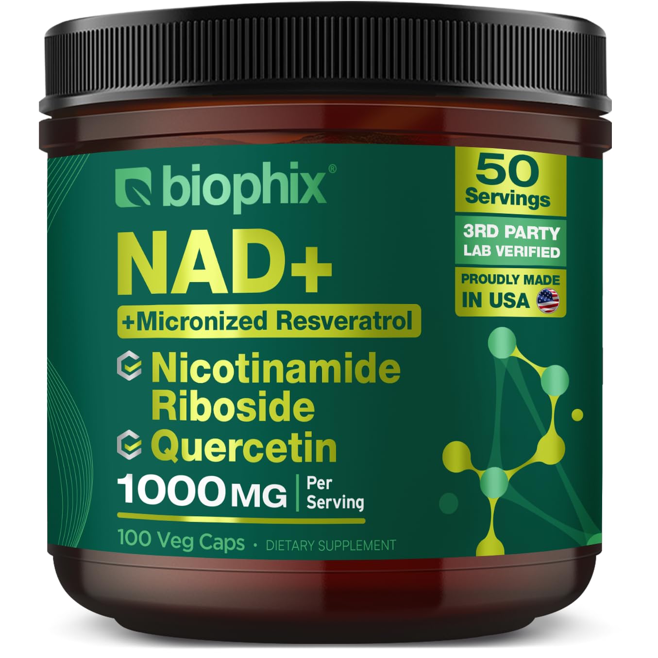 Biophix NAD+ Liposomal Supplement – 1000 mg/Serving | NR, Resveratrol & Quercetin | 100 Veg Caps