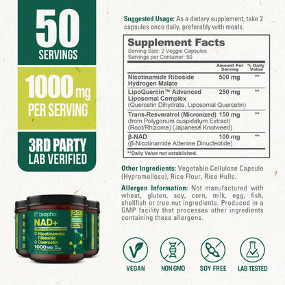 Biophix NAD+ Liposomal Supplement – 1000 mg/Serving | NR, Resveratrol & Quercetin | 100 Veg Caps