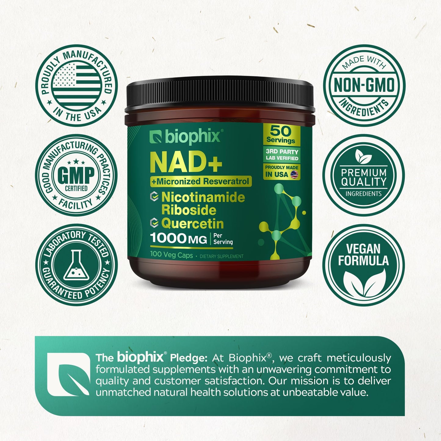 Biophix NAD+ Liposomal Supplement – 1000 mg/Serving | NR, Resveratrol & Quercetin | 100 Veg Caps