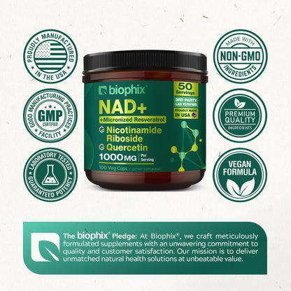 Biophix NAD+ Liposomal Supplement – 1000 mg/Serving | NR, Resveratrol & Quercetin | 100 Veg Caps